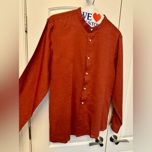 Zara Men's Rust Color Linen Casual Button-Down Shirt - Grandad collar
